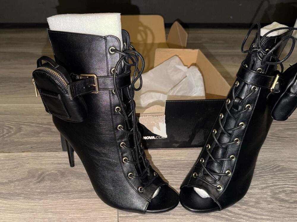 Fashion Nova Black Lace-Up Peep Toe Stiletto Booties with Detachable Zip Pouches